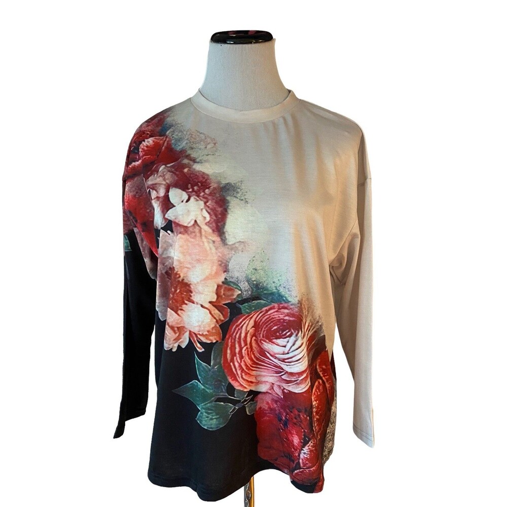 Womens Floral Print Long Sleeve Top Size S Colorblock Rose Artsy Statement Vivid